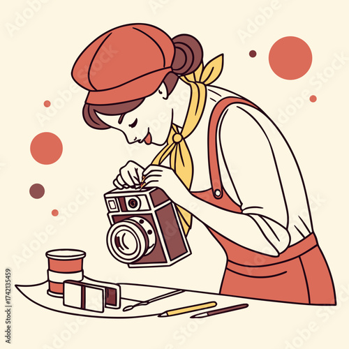 Woman adjusting vintage camera in stylized illustration