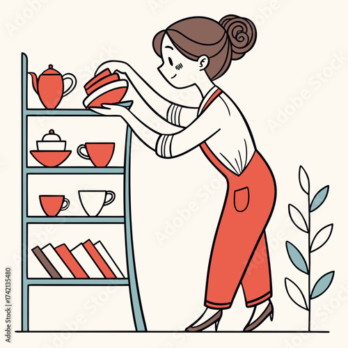 Woman arranging dishes on a shelf in a cartoon kitchen