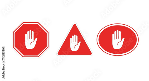 Collection of Red Warning and Prohibition Signs Featuring a White Open Hand Symbol for Stop and Danger Alerts