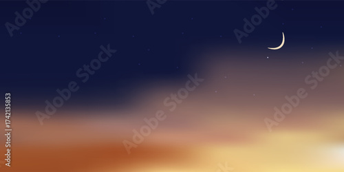 Sky Night,Ramadan Kareem Background with Crescent moon,Star with twilight dusk Sky,Vector Greeting festive for symbolic of Muslim culture ,Eid Mubarak,Eid al adha,Eid al fitr,Islamic new year,Muharram
