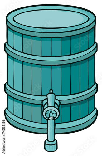 Illustration of an Aqua Wooden Barrel with a Spigot for Liquid Dispensing
