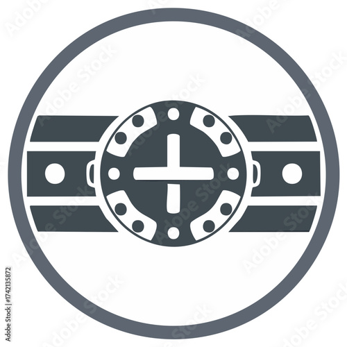 Belt Buckle Emblem with Cross Graphic in Circle Design, Round Gray Icon