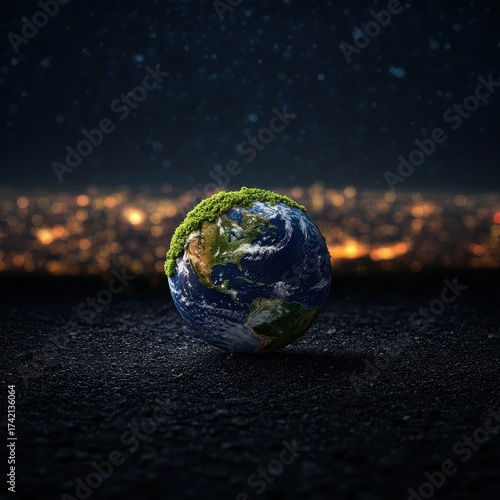 Earth with Green Vegetation on Dark Background at Nighttime