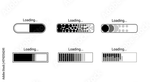 Visual representation of various loading bar designs and progress indicators illustrating data transfer or system processing status