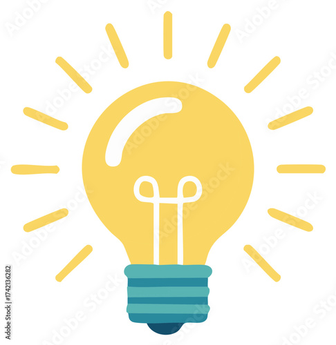 Bright yellow incandescent light bulb radiating light symbolizing creativity and new ideas in a simple flat design