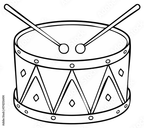 Drum instrument with drumsticks ready for coloring or illustration, black and white outline, musical instrument.