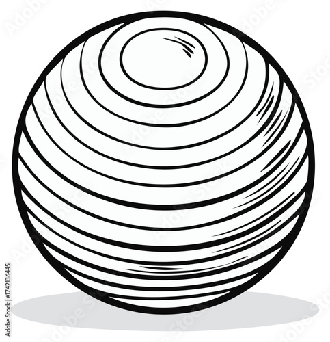 Simple black and white line art vector illustration of a gym fitness ball for exercise
