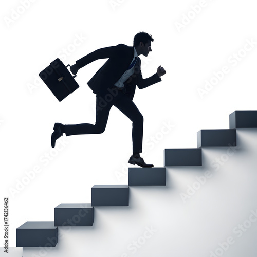 Ascending the Corporate Ladder: A determined individual strides up a staircase, silhouetted against a light background, symbolizing ambition and progress.
