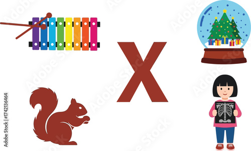 Alphabet learning with colorful xylophone, festive snow globe, cute squirrel, and child holding X-ray