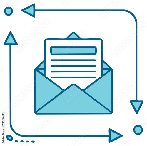 Email Delivery Route: Open Envelope with Document Surrounded by Directional Arrows Representing Message Delivery