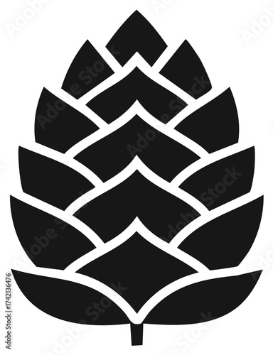 Stylized black silhouette of a hop cone with layered petals and a central stem