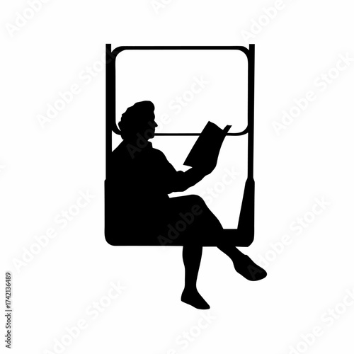 Silhouette of a commuter reading a newspaper inside a train isolated on white background