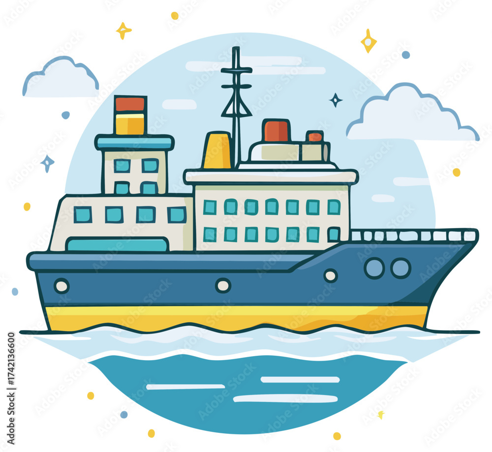 Fototapeta premium Cartoon cruise ship sailing on blue sea with clouds and stars, vector illustration