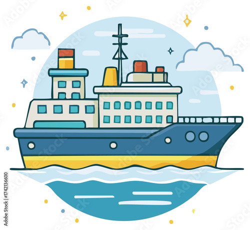 Cartoon cruise ship sailing on blue sea with clouds and stars, vector illustration
