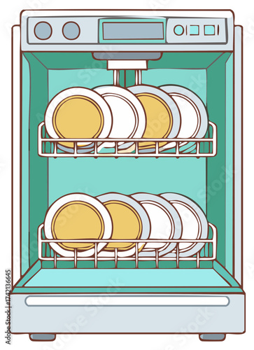 Open automatic dishwasher loaded with plates a household kitchen appliance illustration