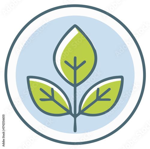 Illustration of three green leaves sprouting from a stem within a circular badge