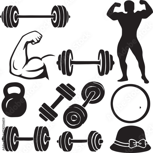 Fitness and strength icon set in black silhouette with gym equipment, muscle poses, and decorative elements for active design themes