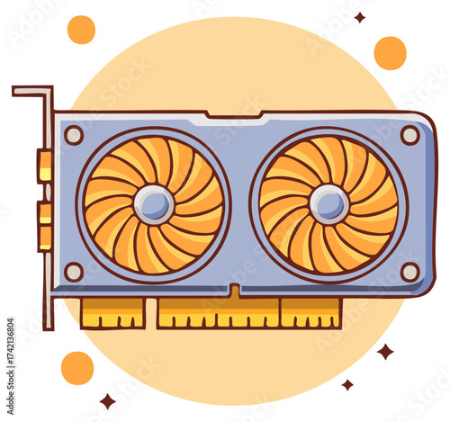 Cartoon Style Graphics Card Illustration with Dual Fans for PC Gaming Enthusiasts and Technology Visuals