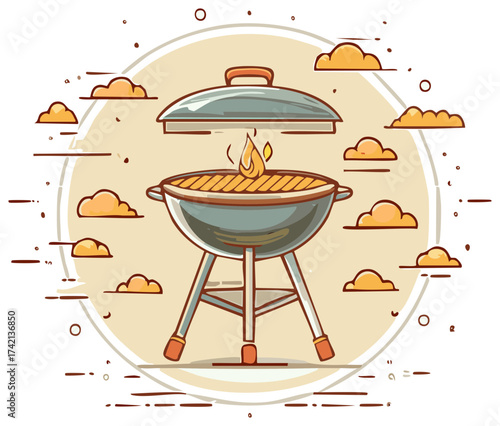 Illustration of a grill with fire and clouds, summer picnic theme