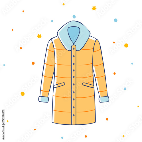 Warm yellow puffer jacket with blue collar winter outerwear fashion illustration