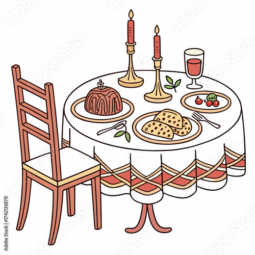 Vector art of a charming dining setup features a table with a white tablecloth, complemented by a chair, candles, wine, and delectable dishes, all
