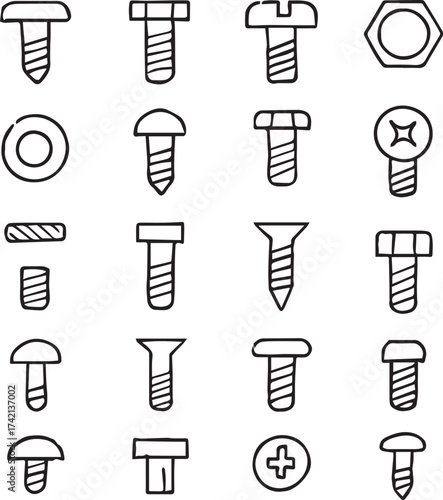 Fastener icon set in black line style with screws, bolts, nuts, and washers for mechanical, construction, and DIY design themes