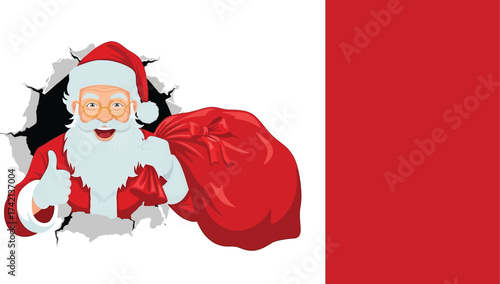 Jolly Santa Claus bursts through a torn background with a sack of gifts, giving a thumbs up.