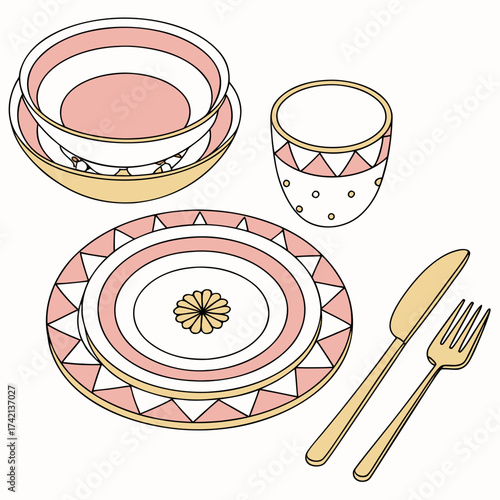 Vector art of stylish tableware set with bowls, plate, cup, knife, and fork, a modern and elegant arrangement for dining or decoration