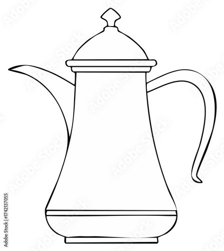 Black and white outline of a traditional Middle Eastern Dallah coffee pot vector illustration