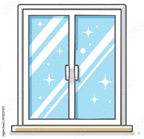 Sparkling Glass Windows of a Closed Door in a White Window Frame in Cartoon Style