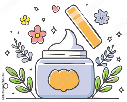Cosmetic cream jar and flowers with applicator illustration