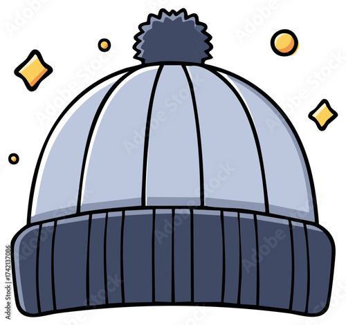 Winter Beanie Hat Icon with Pom Pom and Decorative Stars Illustration