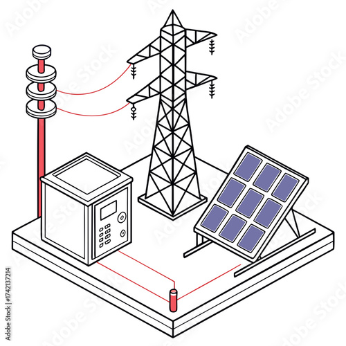 Vector art of isometric illustration of a solar panel, power lines, transformer, and battery, showcasing renewable energy infrastructure a clean energy solution