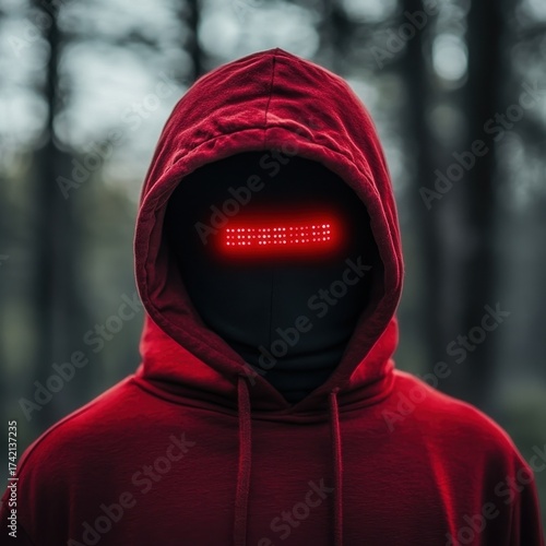 Mysterious Figure in Forest with Red LED Eyes at Dusk