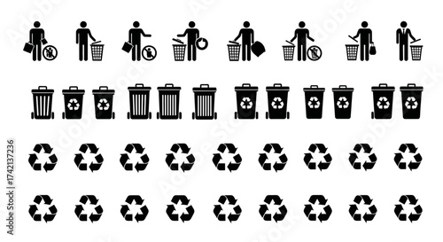 Collection of Trash Cans and Recycling Symbols Showing Waste Management and Environmental Responsibility Graphics