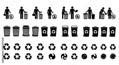 Collection of Icons Representing Waste Disposal Recycling and Environmental Responsibility for Public Spaces and Urban Planning Concepts