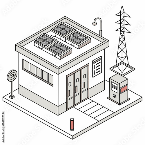 Vector art of isometric illustration of a solarpowered electrical substation with a transformer and a power transmission tower, showcasing sustainable energy distribution and grid connectivity