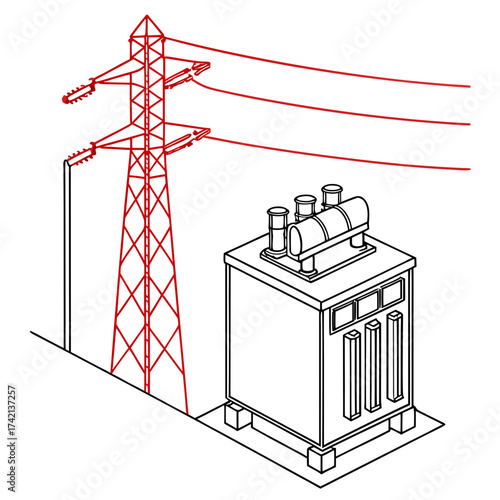 Illustration of an electrical substation with a transformer and a power transmission tower, showcasing the infrastructure for electricity distribution and grid connectivity