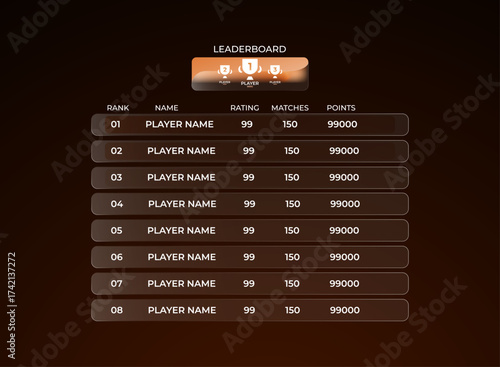 Orange glassmorphism leaderboard interface. Modern and minimal scoreboard panel with rating, matches, and points for mobile and pc game ui. Elegant futuristic ranking design template