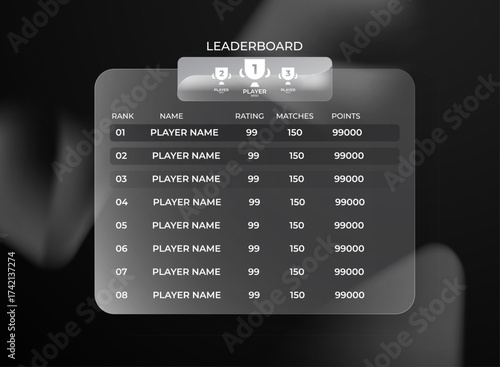 Dark glassmorphism leaderboard interface. Minimal and modern scoreboard panel with rating, matches, and points for mobile and pc game ui. Elegant clean futuristic ranking design template