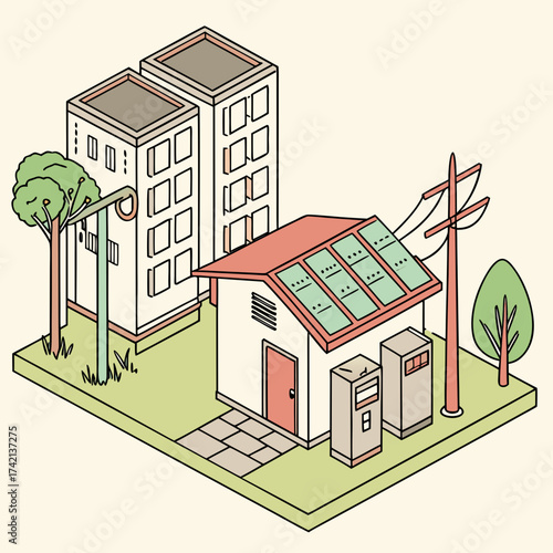 Vector art of isometric illustration of a solarpowered electrical substation in an urban setting, featuring a transformer, power transmission tower, and sustainable energy distribution