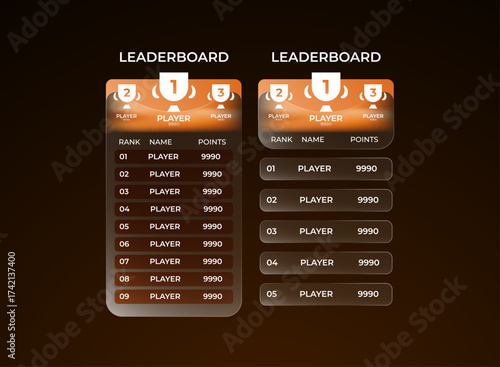 Modern orange glassmorphism leaderboard user interface. Elegant ranking scoreboard panel for mobile and pc game ui. Clean minimal futuristic design template for player points and competition results