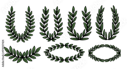Collection of Elegant Green Laurel Wreaths and Garlands Symbolizing Victory Achievement and Honor