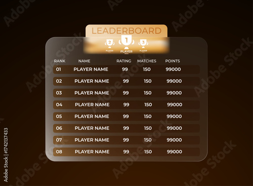 Modern orange glassmorphism leaderboard user interface. Elegant ranking scoreboard panel with rating and matches for mobile  ui. Clean minimal futuristic design template for player points and results