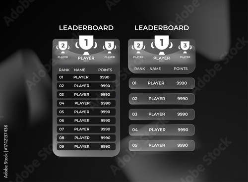 Dark theme glassmorphism leaderboard user interface. Modern elegant ranking scoreboard panel for mobile and pc game ui. Clean minimal futuristic design template for player points and competition