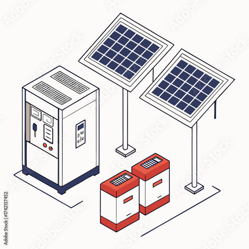 Vector art of isometric illustration showcasing a solar power system with battery storage, depicting renewable energy solutions and selfsufficient power generation