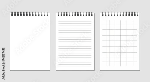 Three Spiral Bound Notebooks Displaying Different Page Layouts Including Blank Lined and Grid Paper Options