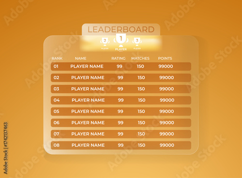 Bright orange glassmorphism leaderboard user interface. Modern elegant ranking scoreboard panel with rating and matches for mobile and pc game ui. Clean minimal futuristic design template