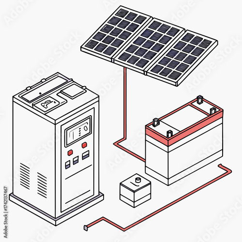 Vector art of isometric illustration showcasing a solar power system with battery storage, depicting renewable energy solutions and selfsufficient power generation