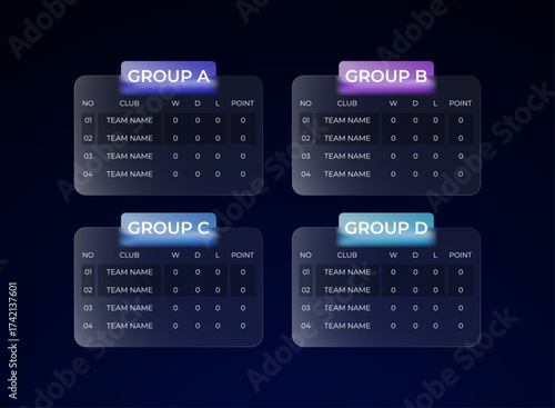Neon glassmorphism football group classement table user interface. Modern ui panel with team ranking, points, and match results. Clean minimal futuristic design template